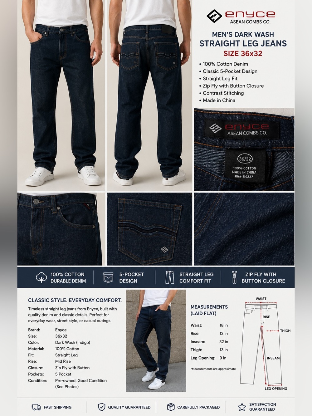 Enyce Men's Dark Wash Straight Leg Jeans Size 36x32 100% Cotton 5 Pocket Denim